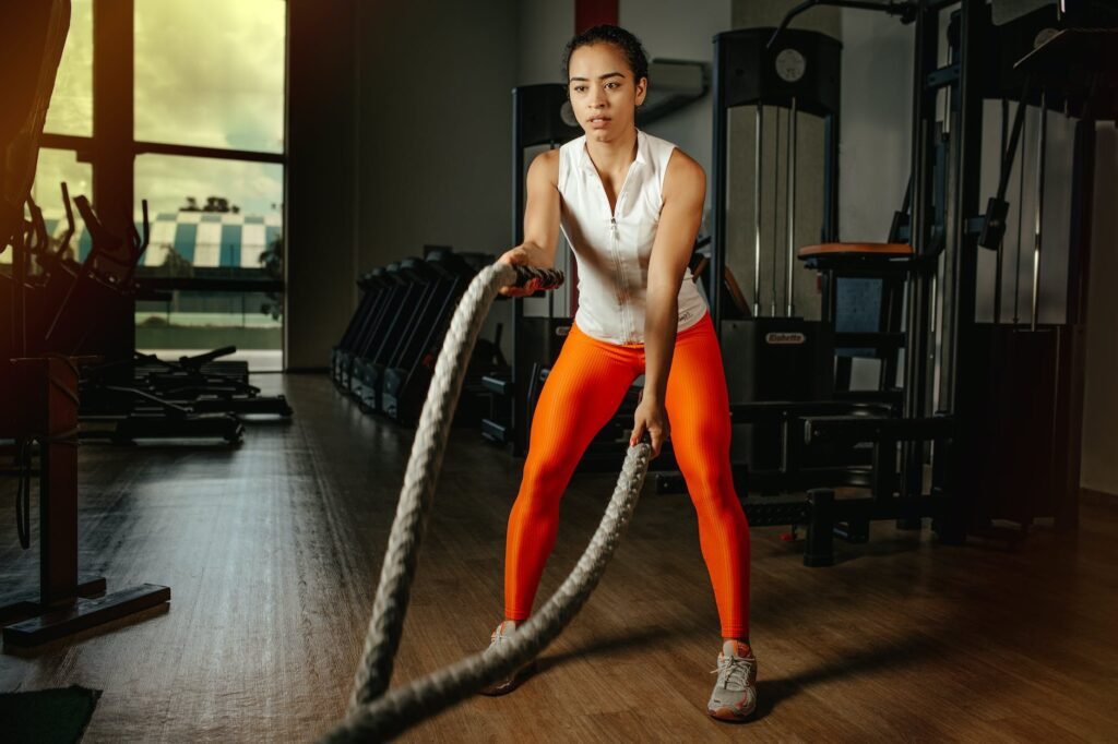 woman holding two ropes in gym